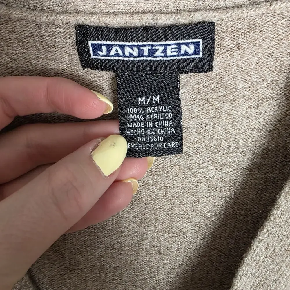 Vtg Jantzen Men's Beige V-Neck Button Front Knit Acrylic Cardigan Sweater M